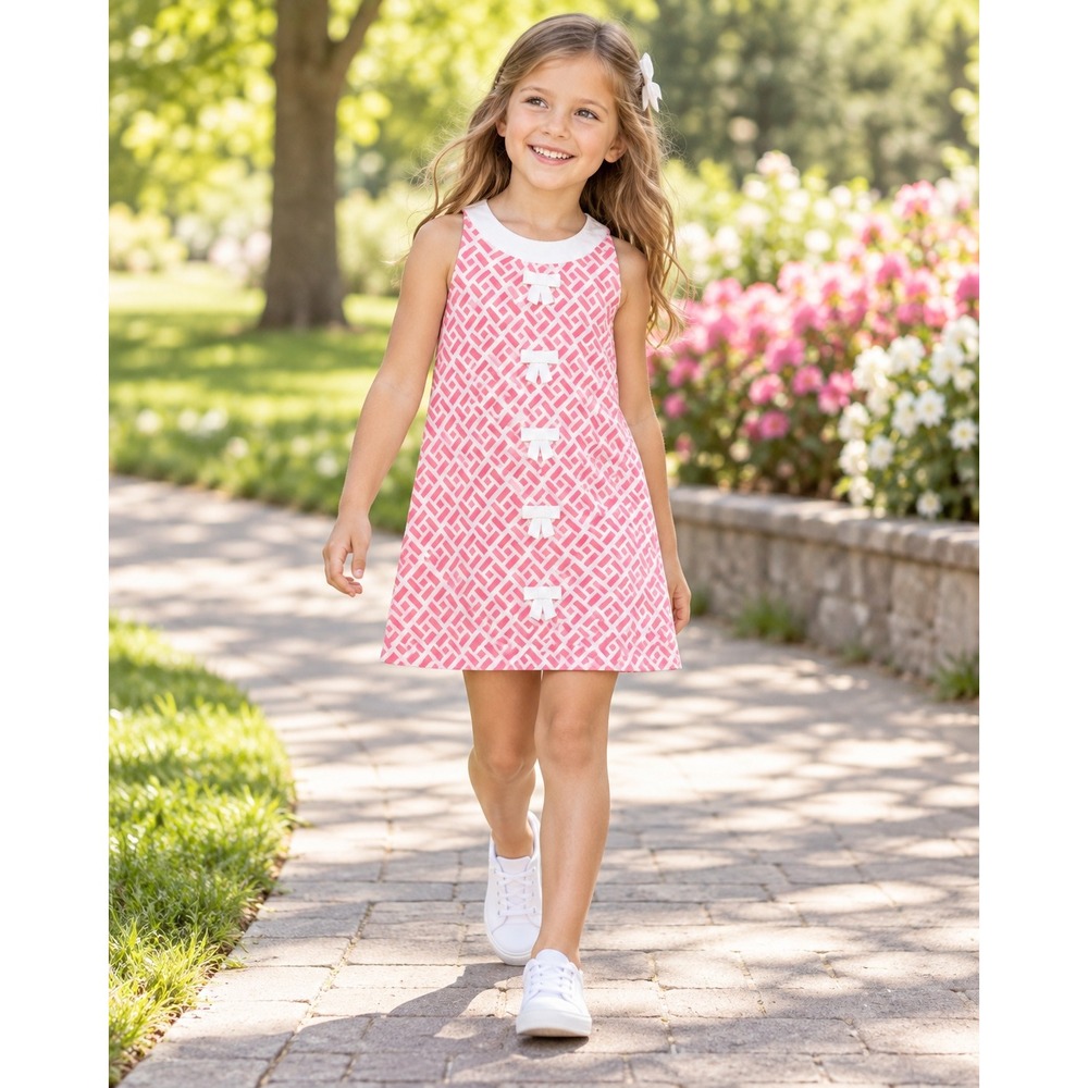 Nicole Miller Kids Girls Pink White Geometric Bow Shift Dress Size 6 NWT